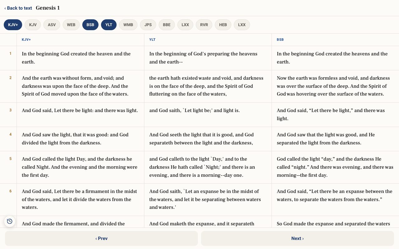 Compare translations showing Genesis 1 in several versions