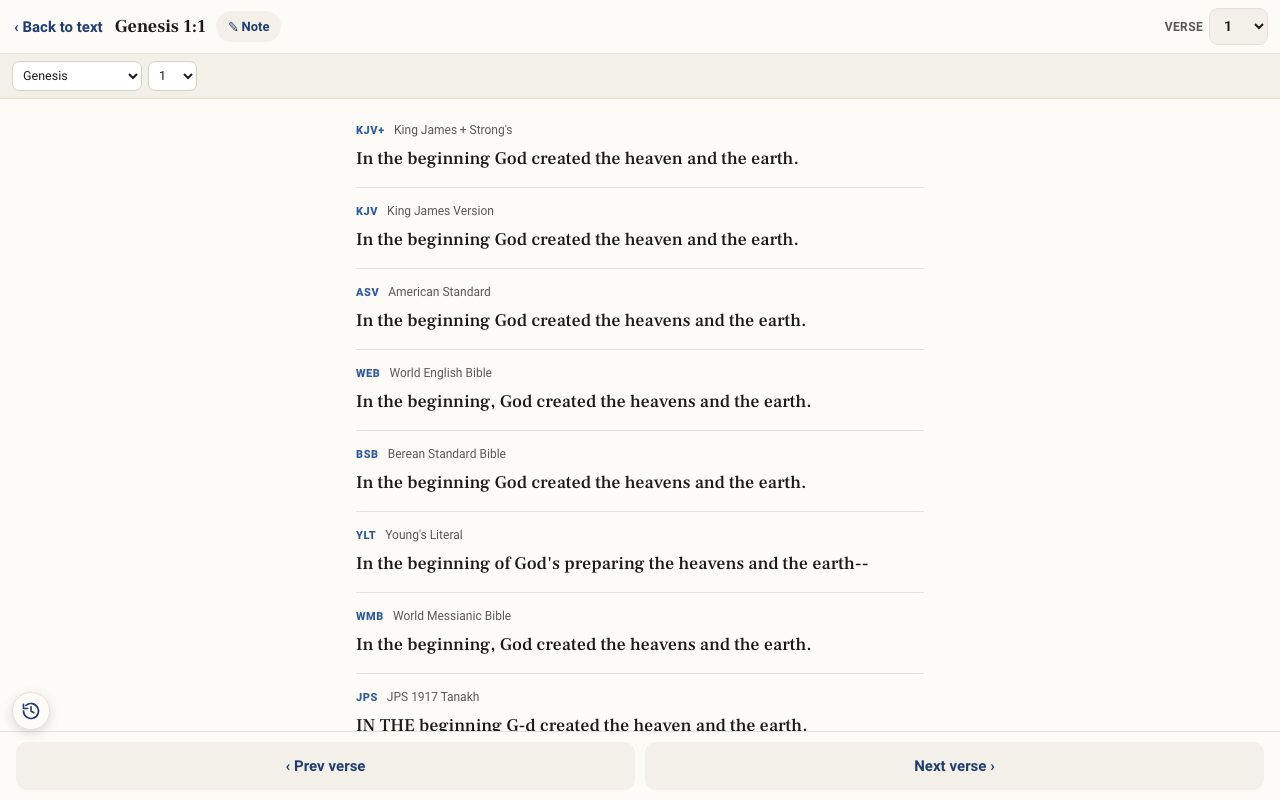 Compare a verse showing Genesis 1:1 in every translation