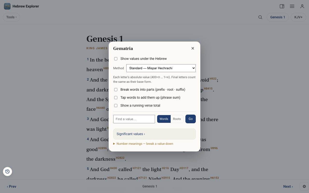 The Gematria panel with method and display options