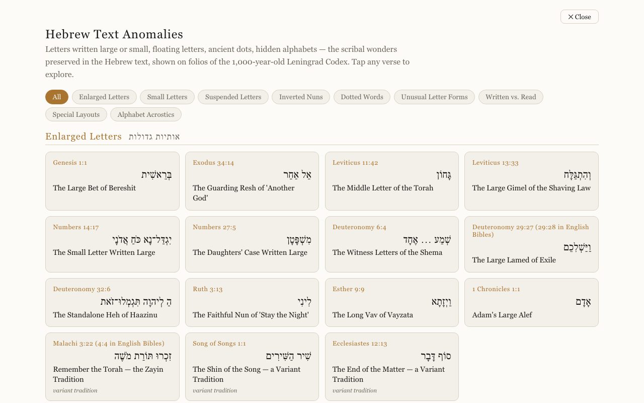 The Hebrew Text Anomalies list with category filters