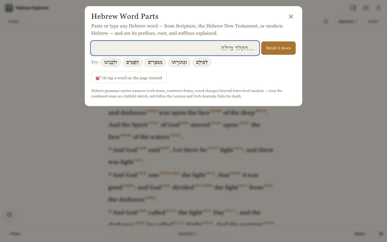 The Hebrew Word Parts box with example words