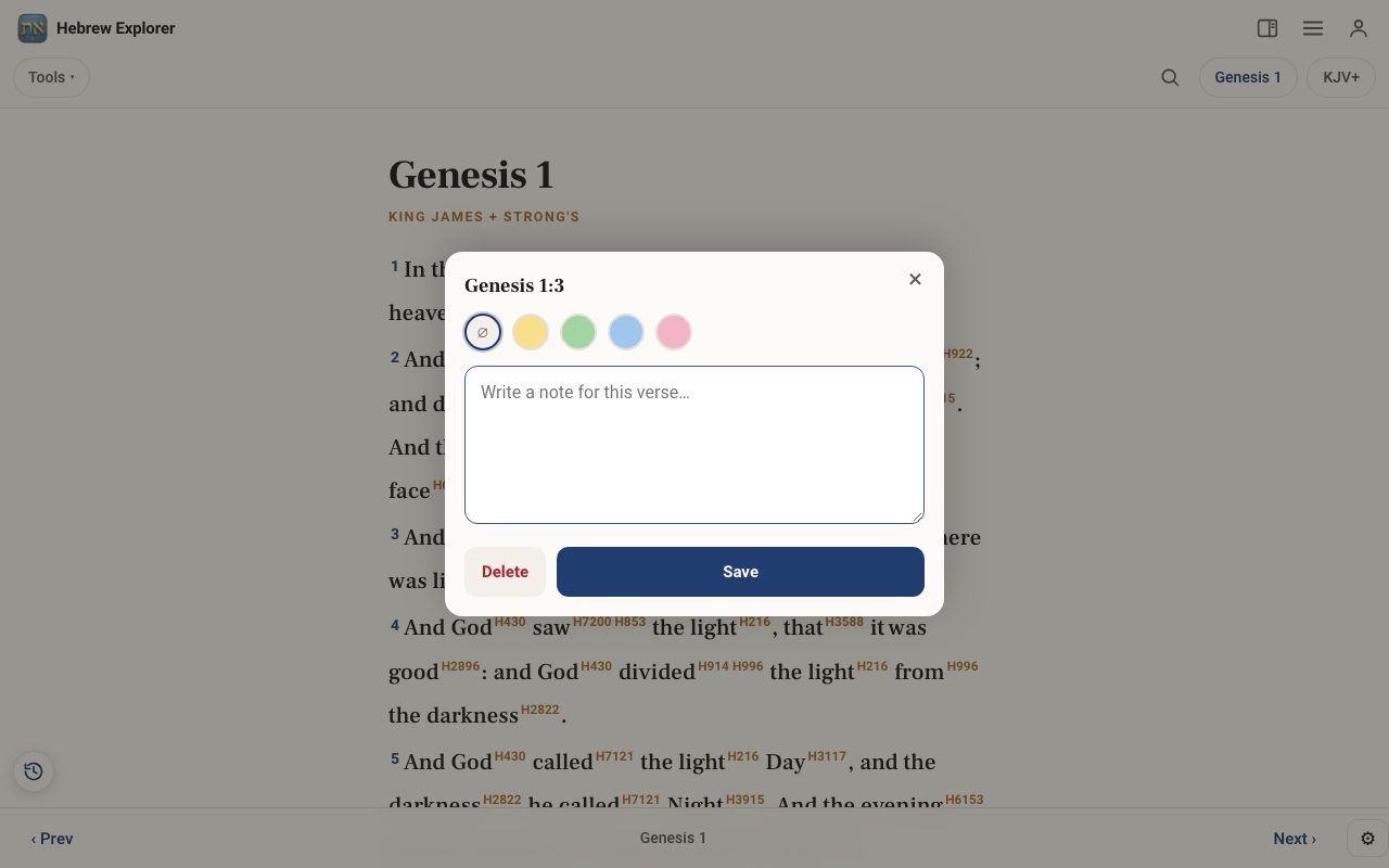 The verse box for Genesis 1:3 with highlight colours and a note field