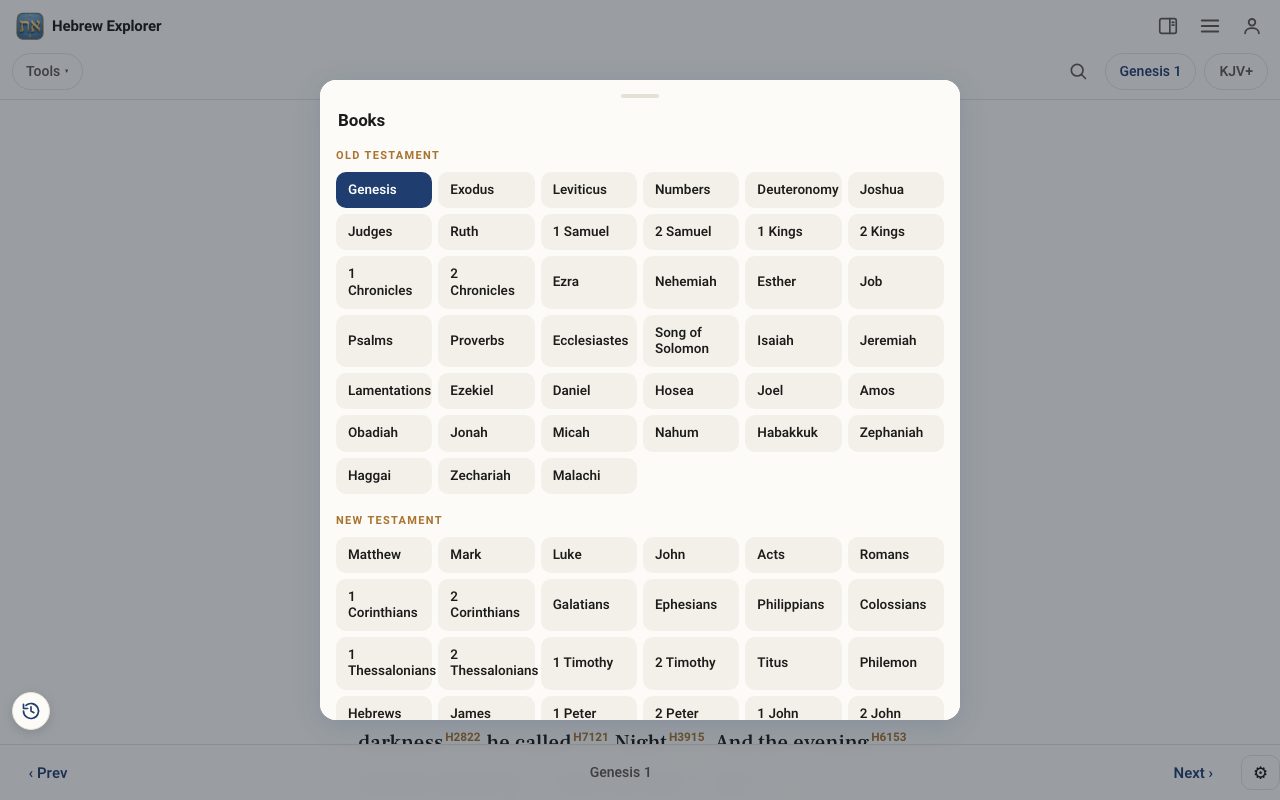 The book picker listing the Old and New Testament books