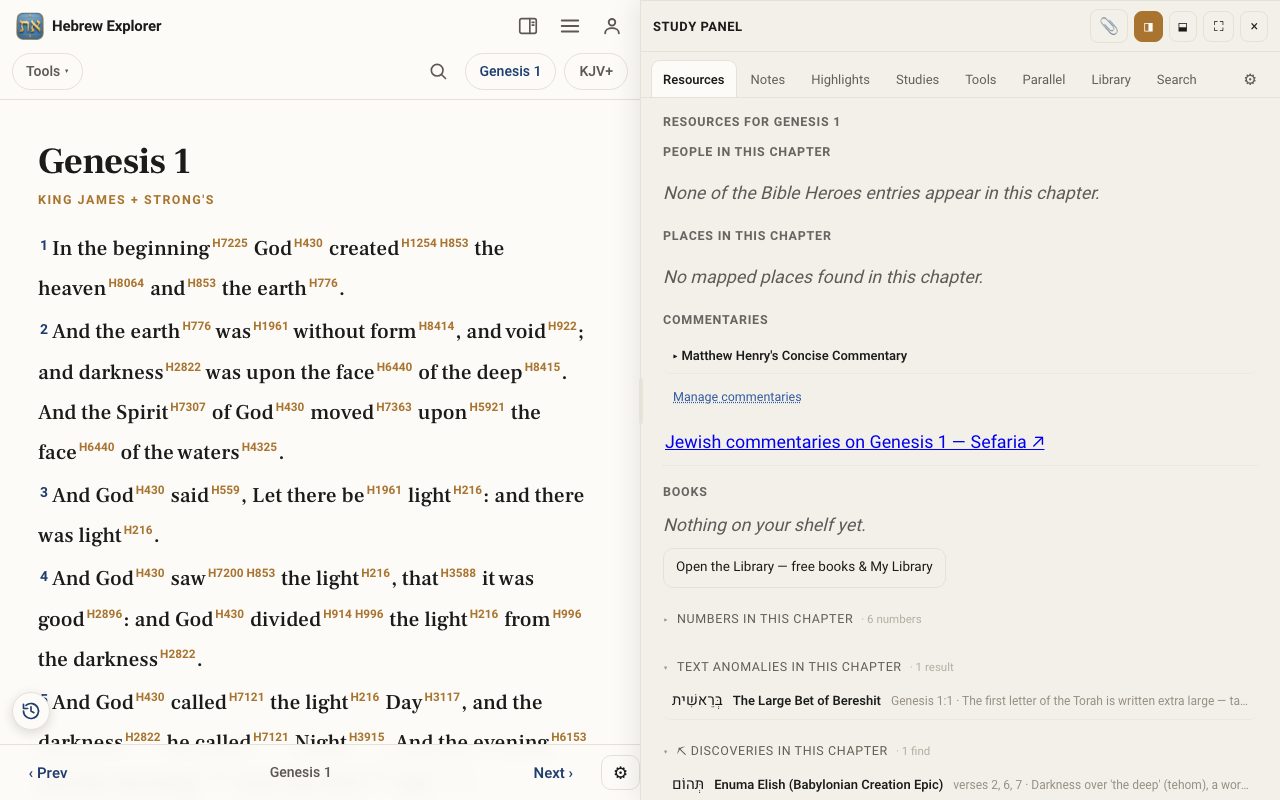 The Study Panel open on the Resources tab for Genesis 1