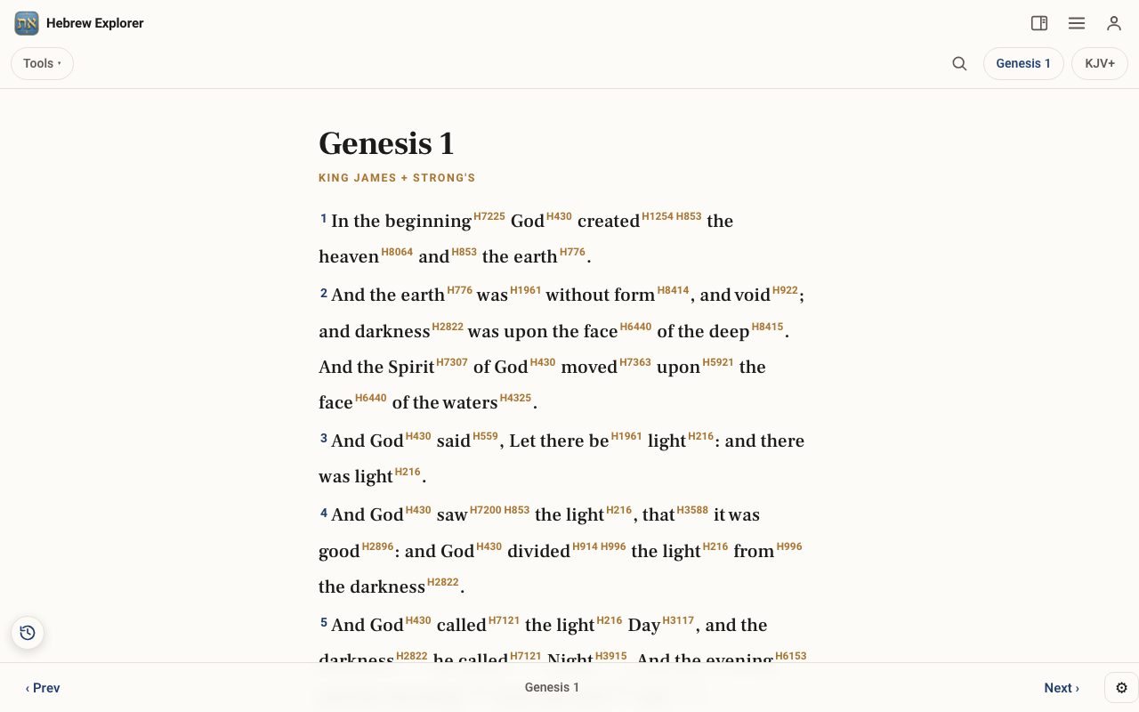 Hebrew Explorer opened on Genesis 1 with Strong's numbers after the words