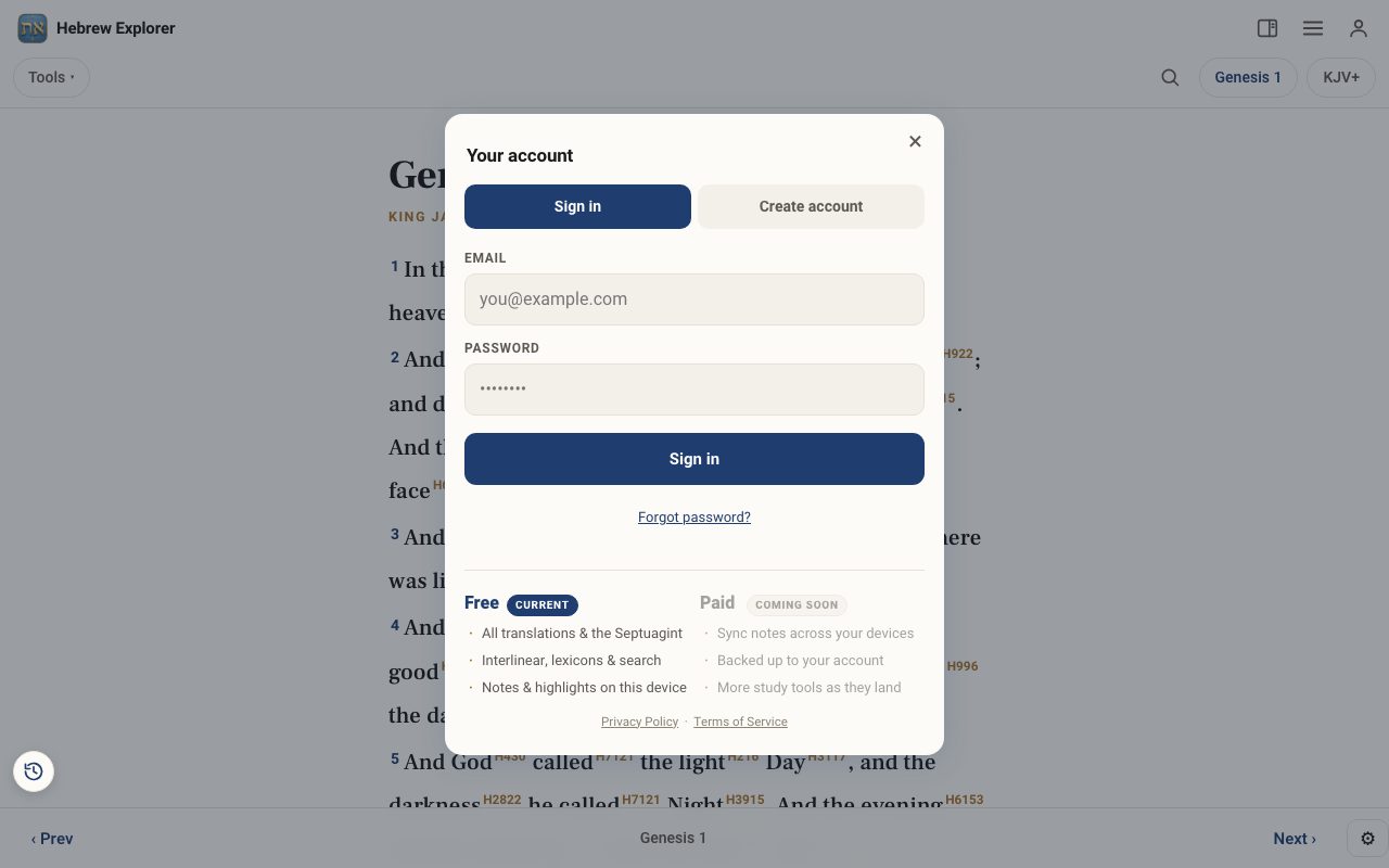 The Your account panel with Sign in and Create account